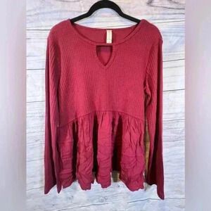 Altar’d State Maroon Waffle Knit Ruffle Hem Top Size Large